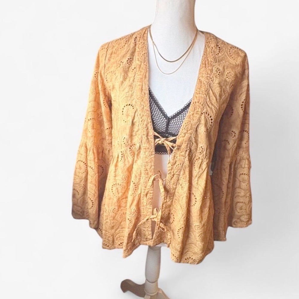 Logo by Lavish Mustard Embroidered Eyelet Tie‎ Front Top XS Boho Cottagecore